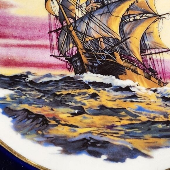 Vintage Cobalt Blue Ceramic Collector Plate With Ship Scene and Gold Accents - Picture 6 of 12
